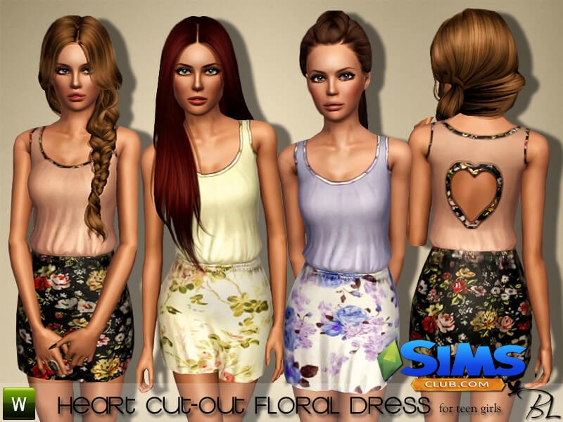 Платье Teen Heart Cut-Out Floral Dress для Симс 3 | Скриншот 4