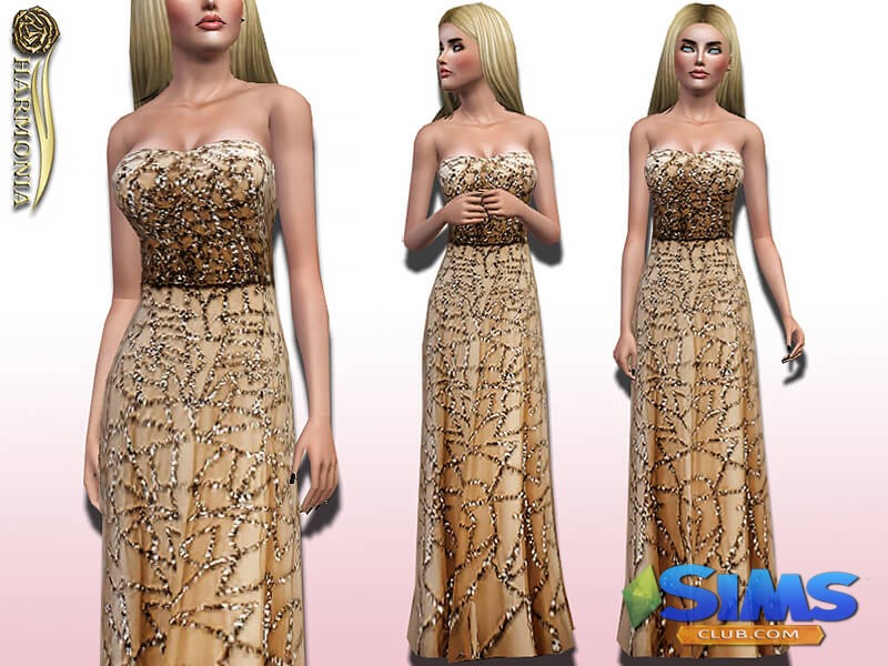 Платье Strapless Chiffon Embroidered Gown для Симс 3 | Скриншот 2